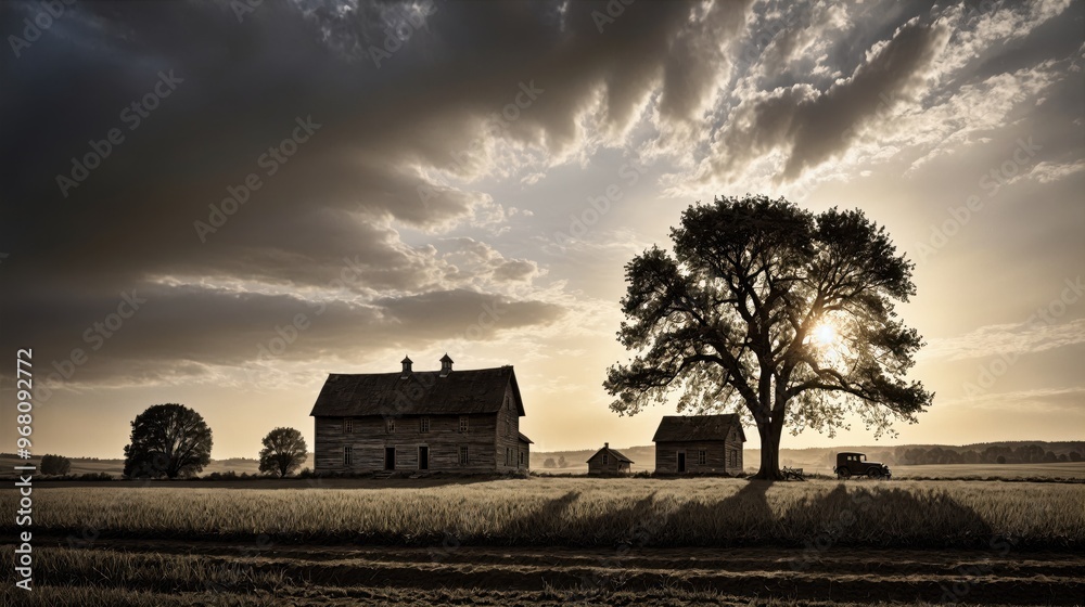 Fototapeta premium Generative AI, The Solitude and Quiet Beauty of a Remote Farmhouse Under a Cloudy Sky