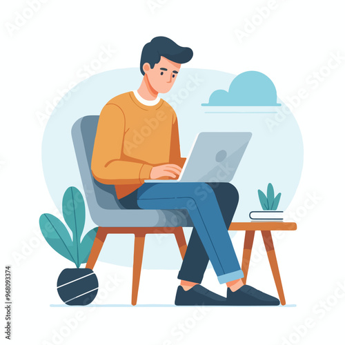  man working on his laptop, vector illustration