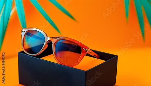 Chic sunglasses in a sleek black case against a vibrant orange and teal backdrop, capturing the essence of summer style and fashion flair. photo