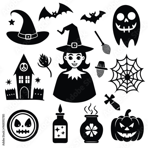 halloween set. pumpkin, skull, broom, headstone, spider, cobweb, crows, dead man's hand, witch hat, cauldron, bats. silhouette graphics. vector