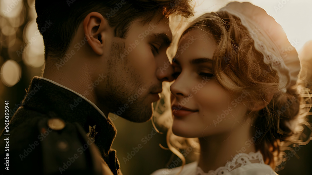 Soldier Kissing His Wife Farewell. Young Historica Soldier Kissing His Wife Farewell. Young Historica