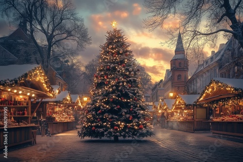 A Snowy Christmas Market with a Decorated Tree and a Tower in the Background