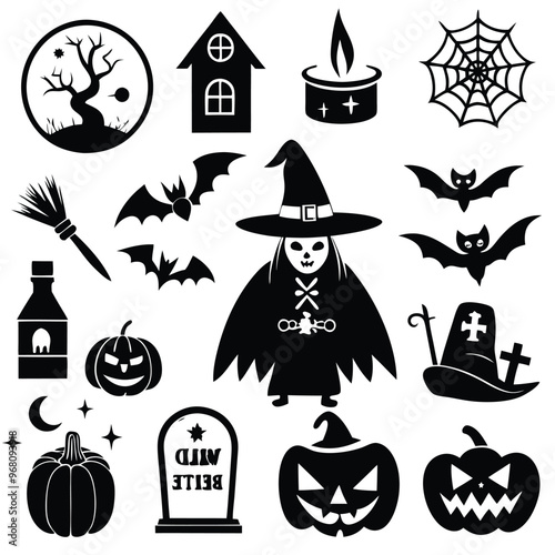 halloween set. pumpkin, skull, broom, headstone, spider, cobweb, crows, dead man's hand, witch hat, cauldron, bats. silhouette graphics. vector