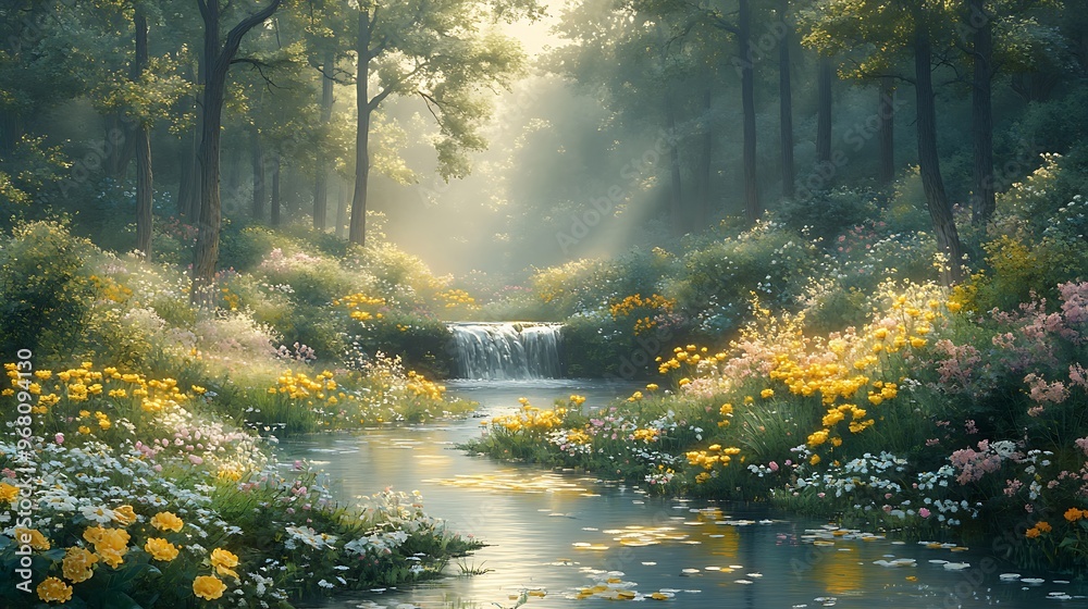 Fototapeta premium A misty forest scene with a small waterfall and wildflowers along a stream.