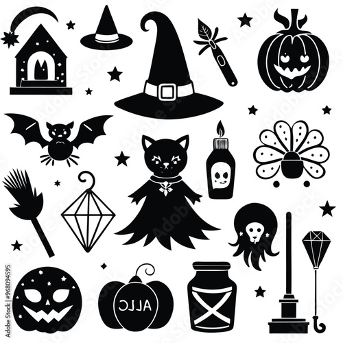 halloween set. pumpkin, skull, broom, headstone, spider, cobweb, crows, dead man's hand, witch hat, cauldron, bats. silhouette graphics. vector