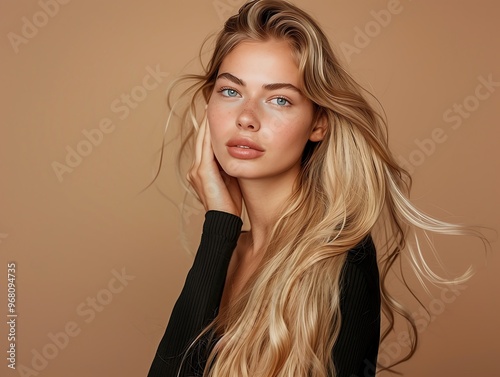 Portrait of a beautiful woman with natural make-up. skincare editorial shoot of a blonde model with long hair isolated on a beige background.