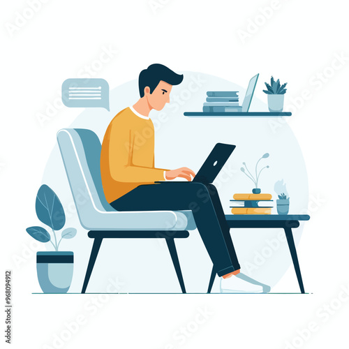  man working on his laptop, vector illustration