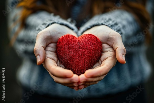 close-up photo of a woman's hands holding a red heart, symbolizing love and hope for health and happiness.