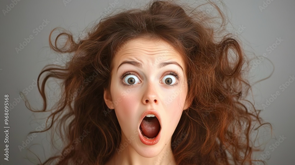 A young woman with wild hair and an astonished expression, capturing an intense moment of surprise and emotion. A young woman with wild hair and an astonished expression, capturing an intense moment of surprise and emotion.