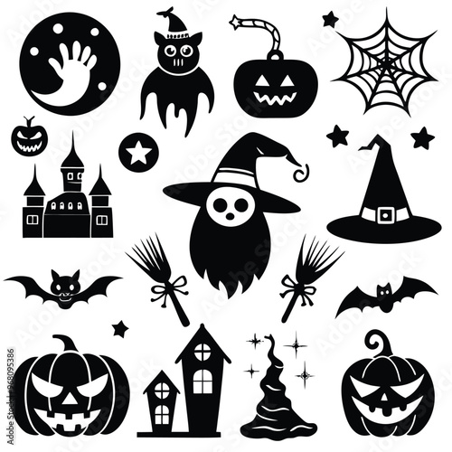 halloween set. pumpkin, skull, broom, headstone, spider, cobweb, crows, dead man's hand, witch hat, cauldron, bats. silhouette graphics. vector