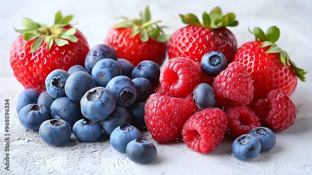 A vibrant assortment of fresh berries including strawberries, blueberries, and raspberries on isolated white background A vibrant assortment of fresh berries including strawberries, blueberries, and raspberries on isolated white background