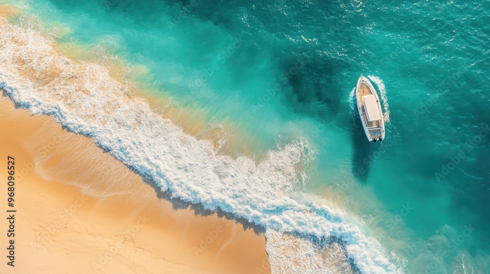 Fototapeta premium Aerial View of a Boat Approaching the Shore