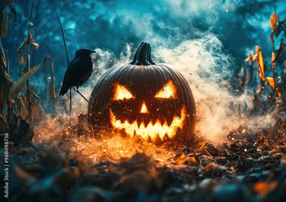 Naklejka premium Halloween pumpkins glowing in a spooky cornfield at night