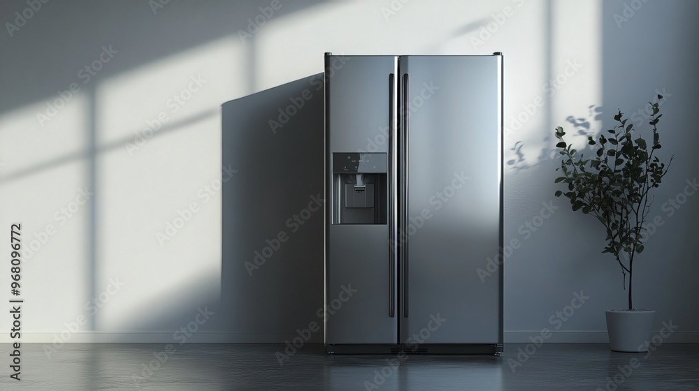 Standalone refrigerator in a vacant room. Ample space for text or objects. This modern kitchen appliance features stainless steel construction, double doors, and a freezer compartment Standalone refrigerator in a vacant room. Ample space for text or objects. This modern kitchen appliance features stainless steel construction, double doors, and a freezer compartment