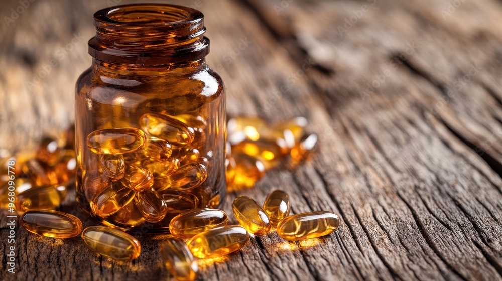 Amber-Colored Capsules on Rustic Wooden Surface Amber-Colored Capsules on Rustic Wooden Surface