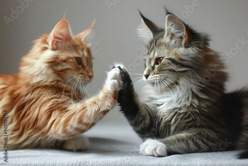 fun and playful photo of two cats giving each other a high five on a clean white background. photo