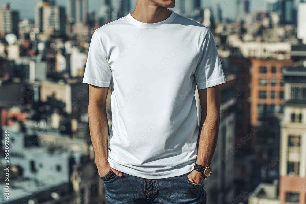 T-shirt worn by a model in an urban street wear style created with Generative AI T-shirt worn by a model in an urban street wear style created with Generative AI