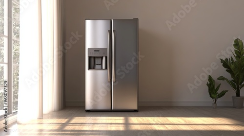 Standalone refrigerator in a vacant room. Ample space for text or objects. This modern kitchen appliance features stainless steel construction, double doors, and a freezer compartment photo