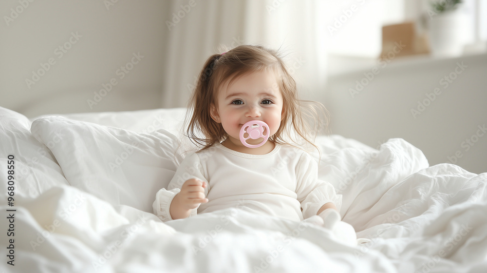 Portrait of Beautiful Little Girl: Female Newborn Infant with Pink Pacifier, Sitting in Bed, with Copy Space, Happy Smiling Daughter for Greeting Invitation Card. photo Portrait of Beautiful Little Girl: Female Newborn Infant with Pink Pacifier, Sitting in Bed, with Copy Space, Happy Smiling Daughter for Greeting Invitation Card. photo