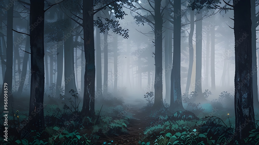 Fototapeta premium Misty Dense Forest Scene Shrouded in Fog, Creating a Mysterious and Tranquil Atmosphere of Wilderness and Natural Beauty