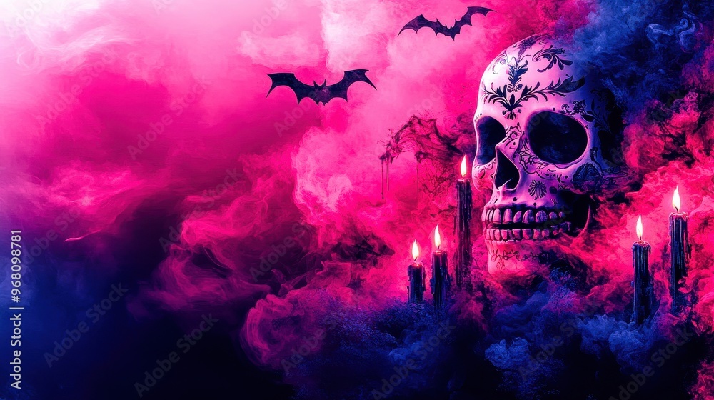 Obraz premium Halloween background with skull and candles burning in a spooky atmosphere