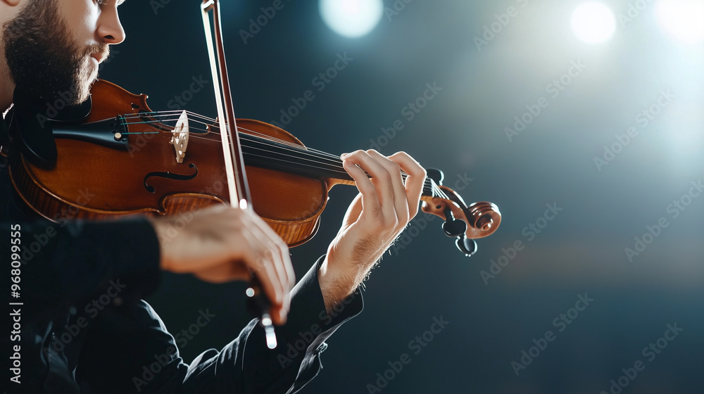 Fototapeta premium Handsome Young Man Playing Violin: Classic Musical Instrument with Strings, Violinist Performing at a Concert for Symphony Melody Sound. photo