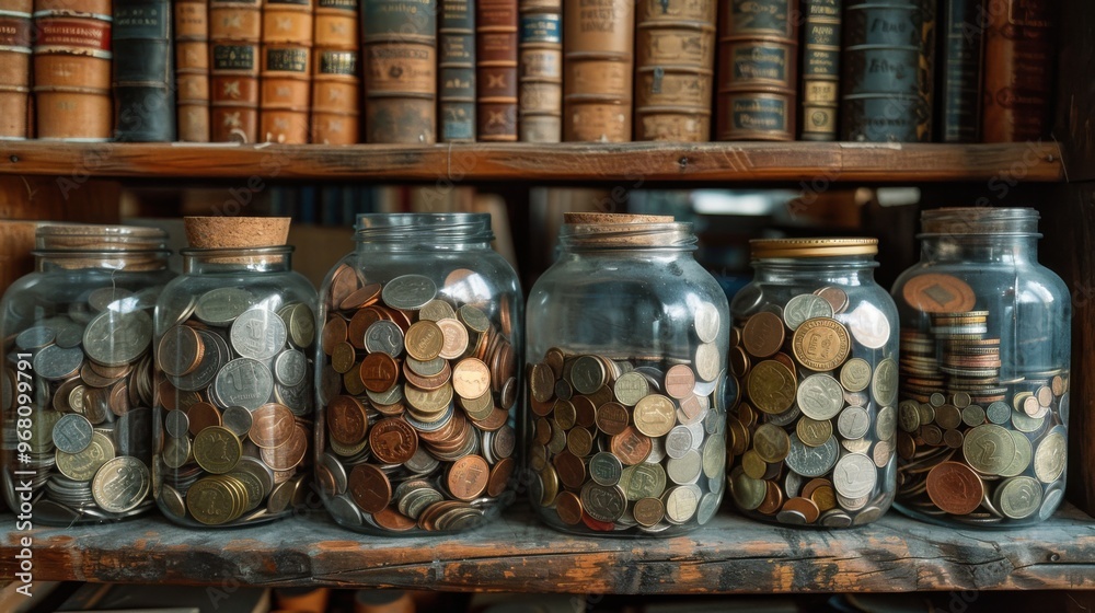 Several jars filled with coins sitting on a shelf in front of books, save money Several jars filled with coins sitting on a shelf in front of books, save money