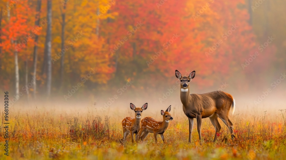 Doe and Fauns in Autumnal Forest Clearing