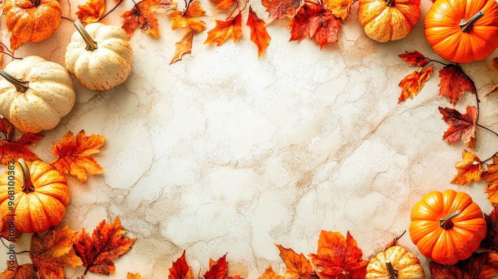 Autumn background with pumpkins and colorful leaves on grey concrete Autumn background with pumpkins and colorful leaves on grey concrete