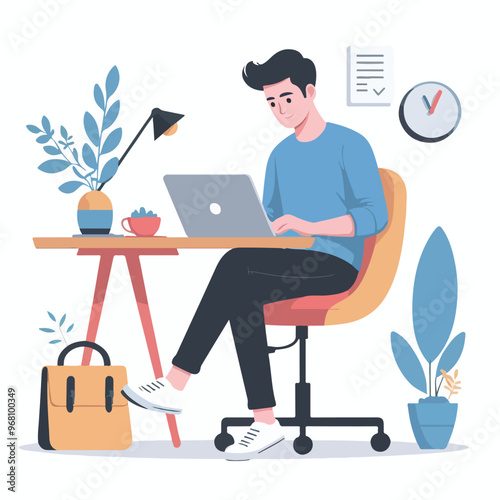  man working on his laptop, vector illustration