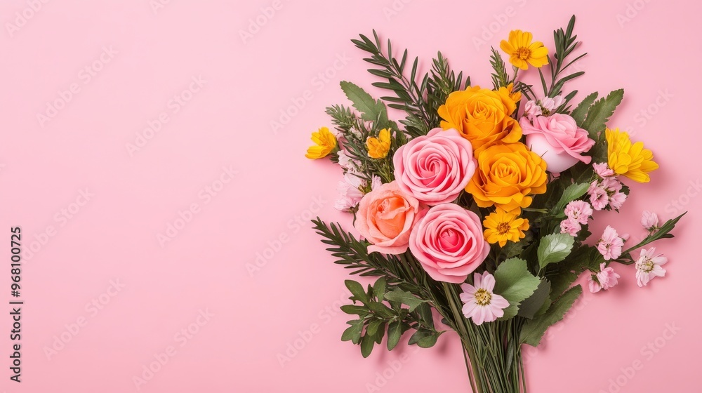 Bouquet of Pink and Yellow Roses on Pink Background Bouquet of Pink and Yellow Roses on Pink Background