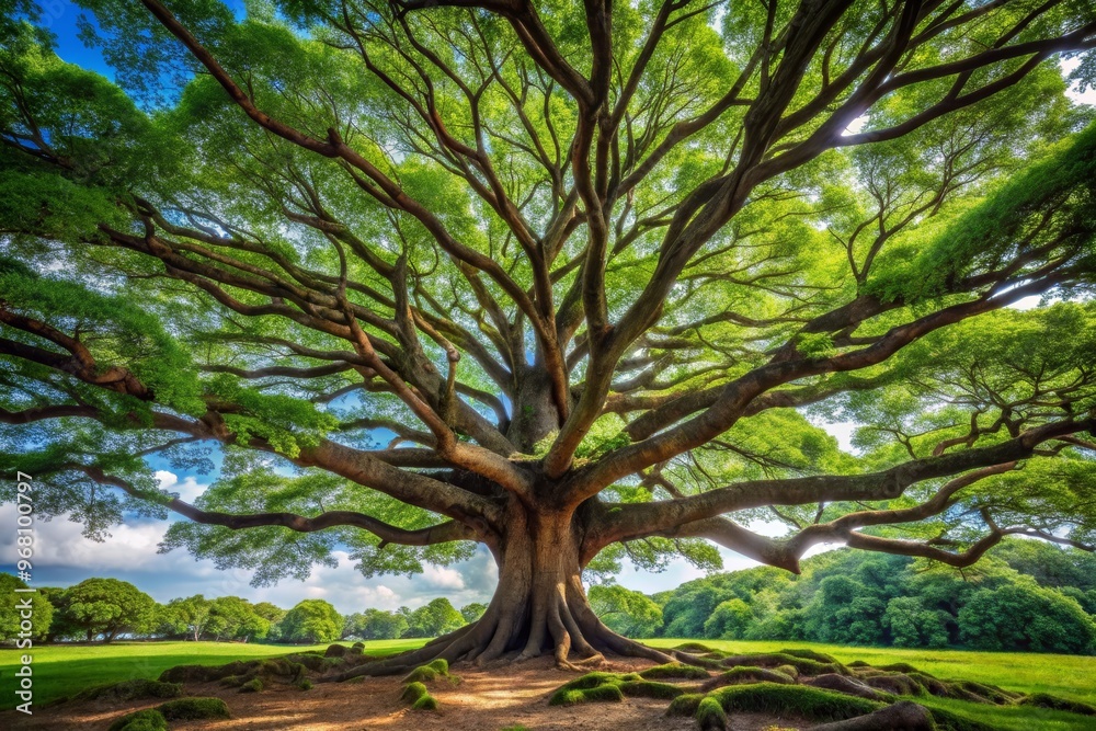 A majestic tree with sprawling branches and vibrant green leaves, perfect for nature-themed projects and backgrounds. A majestic tree with sprawling branches and vibrant green leaves, perfect for nature-themed projects and backgrounds.