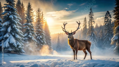 A majestic deer stands in a snowy forest, illuminated by the warm glow of the sunrise. Nature's beauty captured in winter.