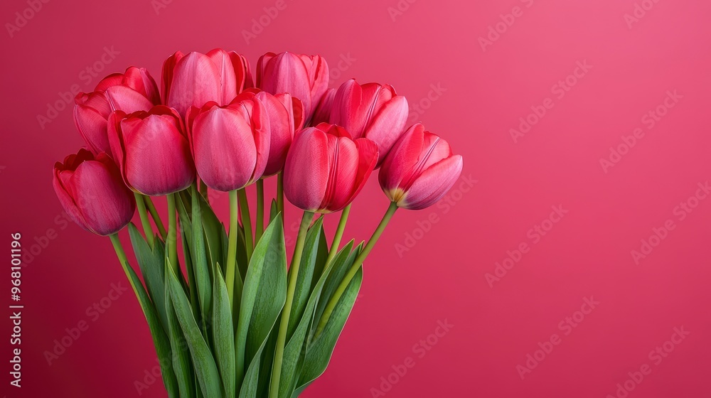 Obraz premium Bouquet of Red Tulips on a Pink Background