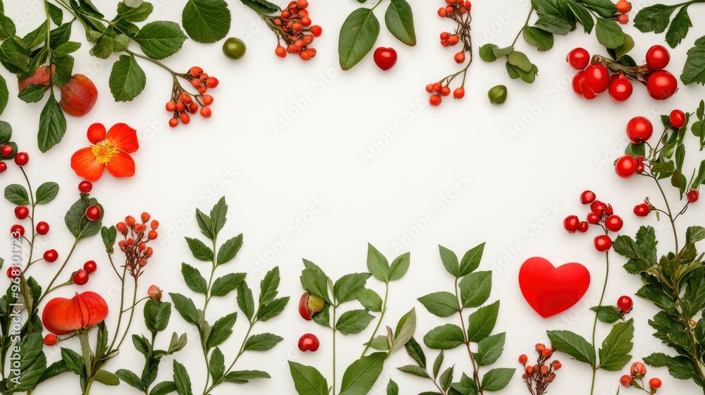 Red Berries and Flowers Frame with Heart Red Berries and Flowers Frame with Heart