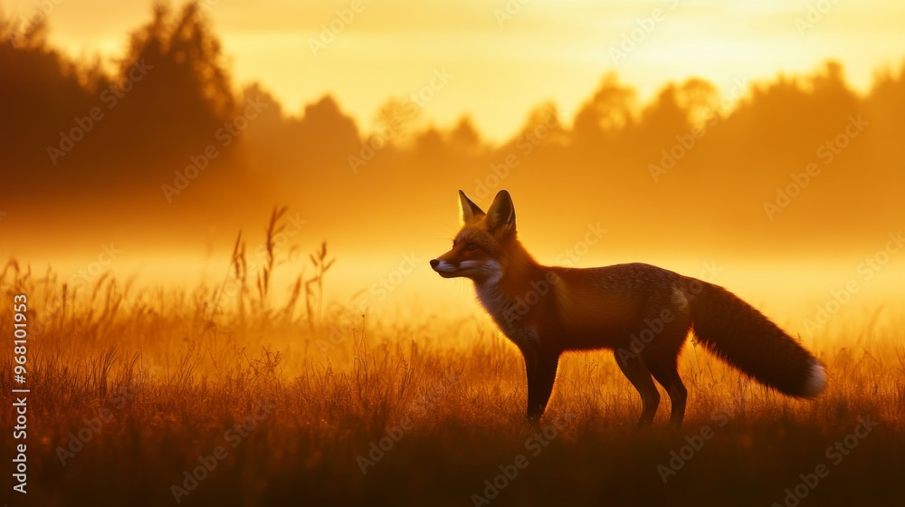 Red Fox Silhouette at Sunrise in a Misty Field Red Fox Silhouette at Sunrise in a Misty Field