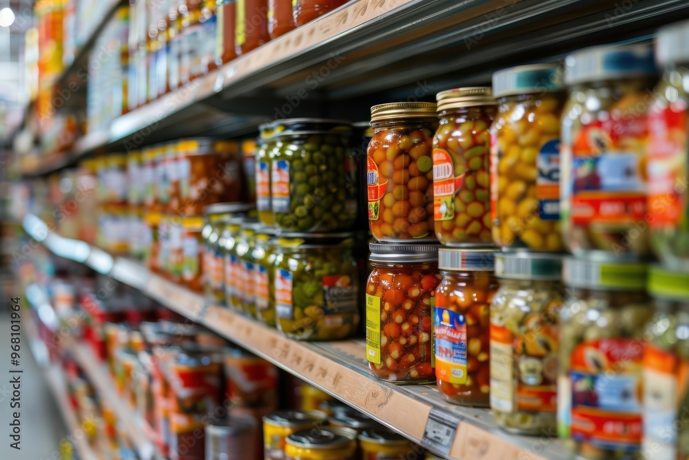 A grocery store aisle packed with neatly arranged jars and canned goods, showcasing a variety of preserved food items. A grocery store aisle packed with neatly arranged jars and canned goods, showcasing a variety of preserved food items.