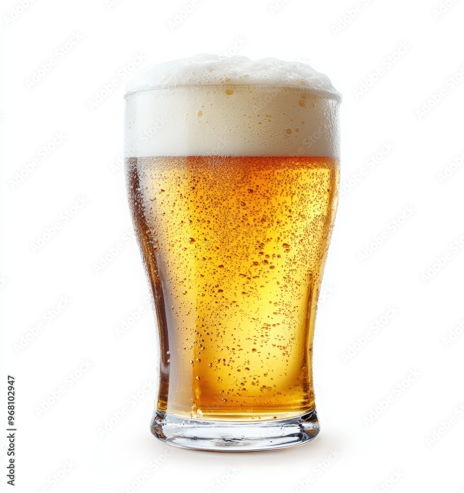 A mug of beer with a white background. A large glass of beer with foam on top A mug of beer with a white background. A large glass of beer with foam on top