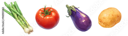 Assorted fresh vegetables isolated on transparent background. Realistic illustration. Healthy eating and organic produce concept. Clipart for cookbook, menu, and grocery store advertising.