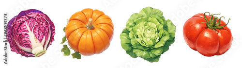 Assorted fresh vegetables isolated on transparent background. Realistic illustration. Healthy eating and organic produce concept. Clipart for cookbook, menu, and grocery store advertising.