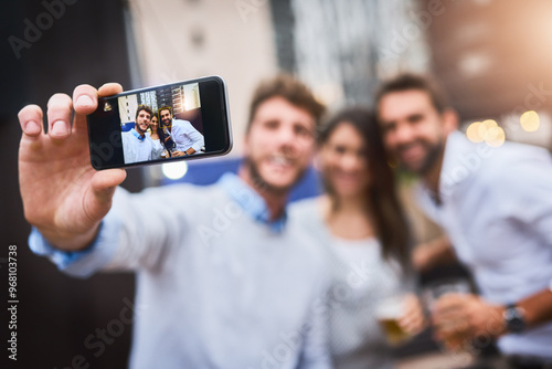 Canvas Print Business people, outdoor and phone selfie for team event, social media and party on rooftop