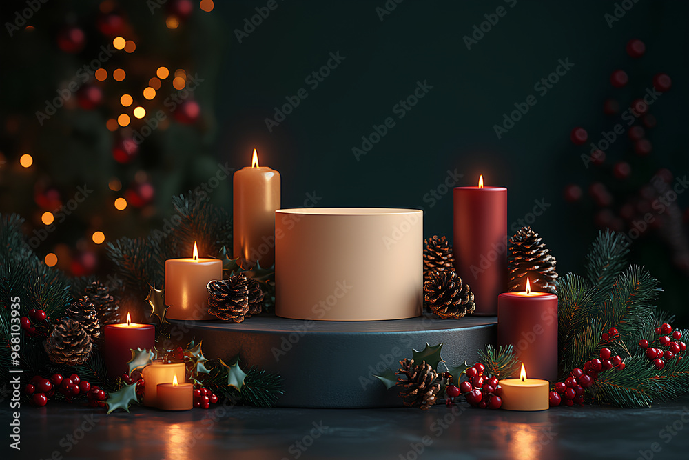 Elegant Christmas Candle Display with Pinecones, Holly, Red Berries, and Festive Lights on Wooden and Marble Pedestal, Cozy Holiday Decor Elegant Christmas Candle Display with Pinecones, Holly, Red Berries, and Festive Lights on Wooden and Marble Pedestal, Cozy Holiday Decor