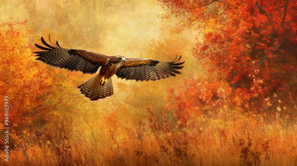 Fototapeta premium Hawk in Flight Over Autumnal Forest