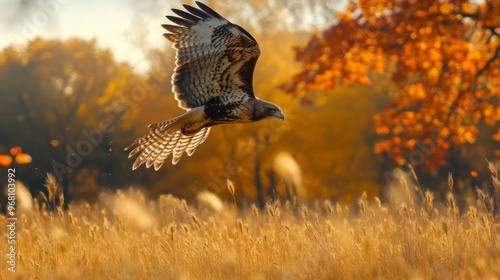 Red-tailed Hawk Soaring Over Autumnal Field