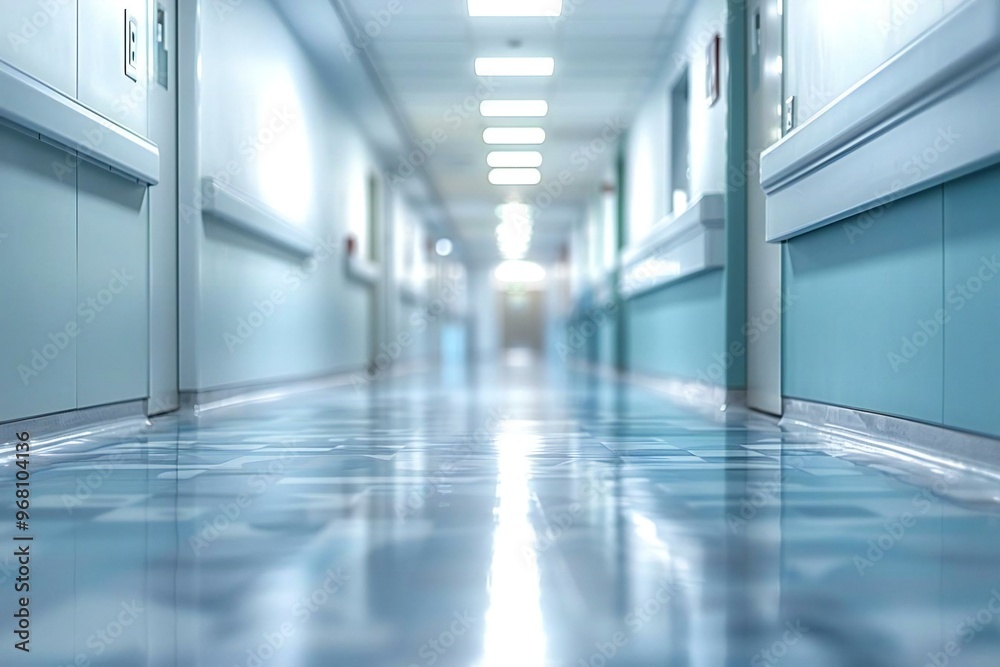photo of a medical reception hallway with a blurred background, highlighting the modern and futuristic architecture of the hospital.