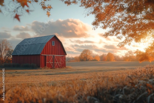 Red barn standing on a farm during a golden hour sunset