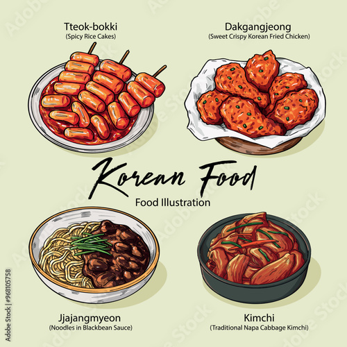 Hand drawn authentic Korean Food Kimchi, Ttokbokki, Jjajangmyeon and Sweet Fried Chicken Illustration