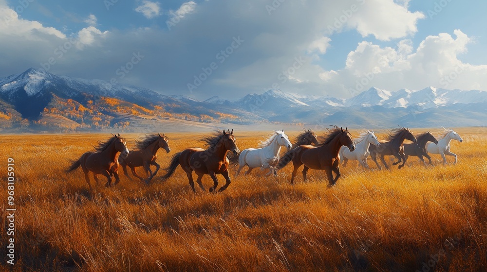 A Herd of Horses Galloping Through a Golden Field with Snow-Capped Mountains in the Distance A Herd of Horses Galloping Through a Golden Field with Snow-Capped Mountains in the Distance