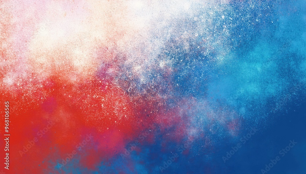 Fototapeta premium Vibrant Explosion of Abstract Colors. Dynamic Blend of Blue, Red, and Orange Paint Splatters in Motion Against a Textured White Background, Petriotic Energy, Creativity, and Bold Artistic Expression