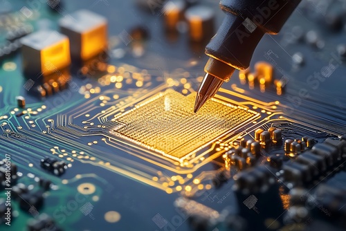 Soldering iron working on a computer motherboard
